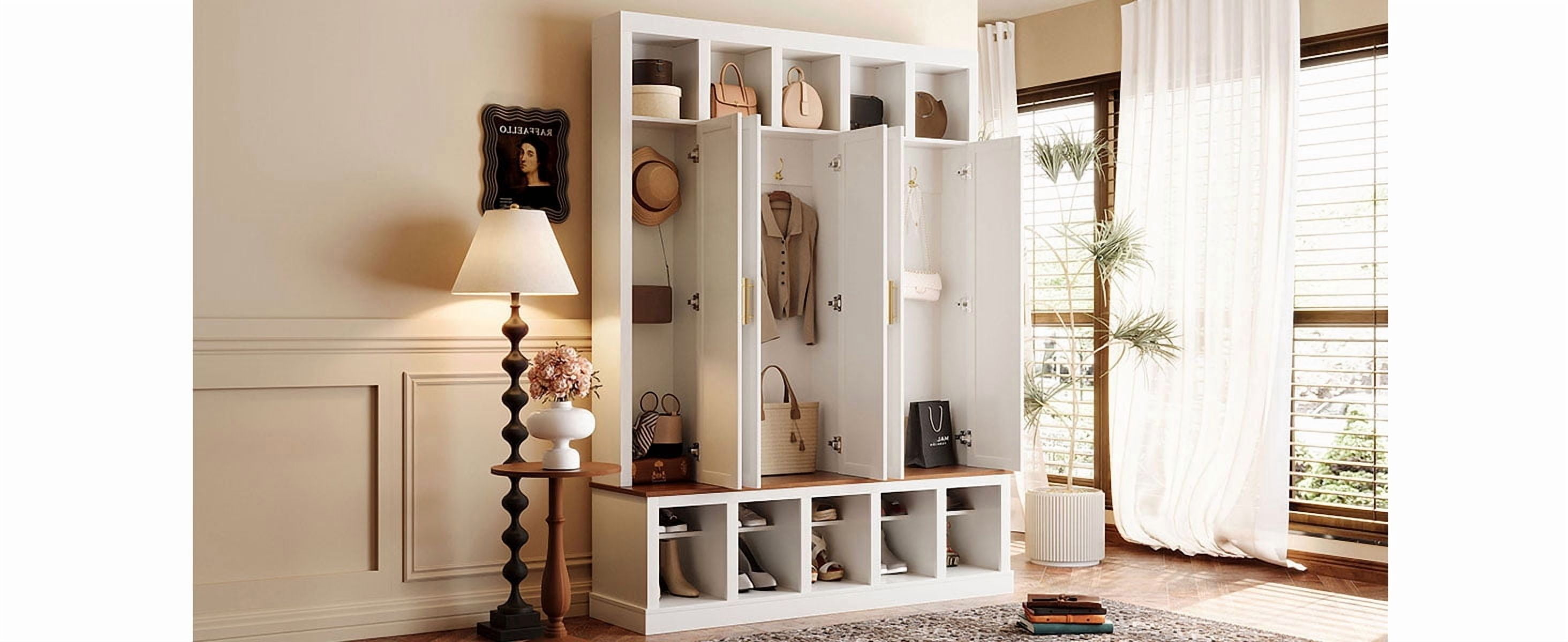 Mintazer 76” Tall Farmhouse Hall Tree with Shoe Rack Bench & Display Cubbies, Storage Cabinet with 3 Doors Closet for Entryway, Living Room, Bedroom, White