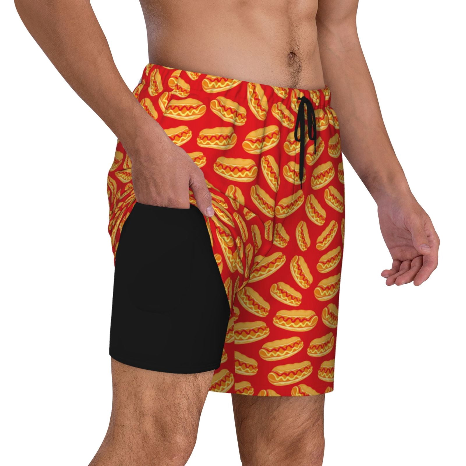 Gukieu A Big Hot Dog Print Men's Double Layer Sports Swim Trunks, Quick Dry Adjustable Waist Swim Shorts Swimwear-Medium