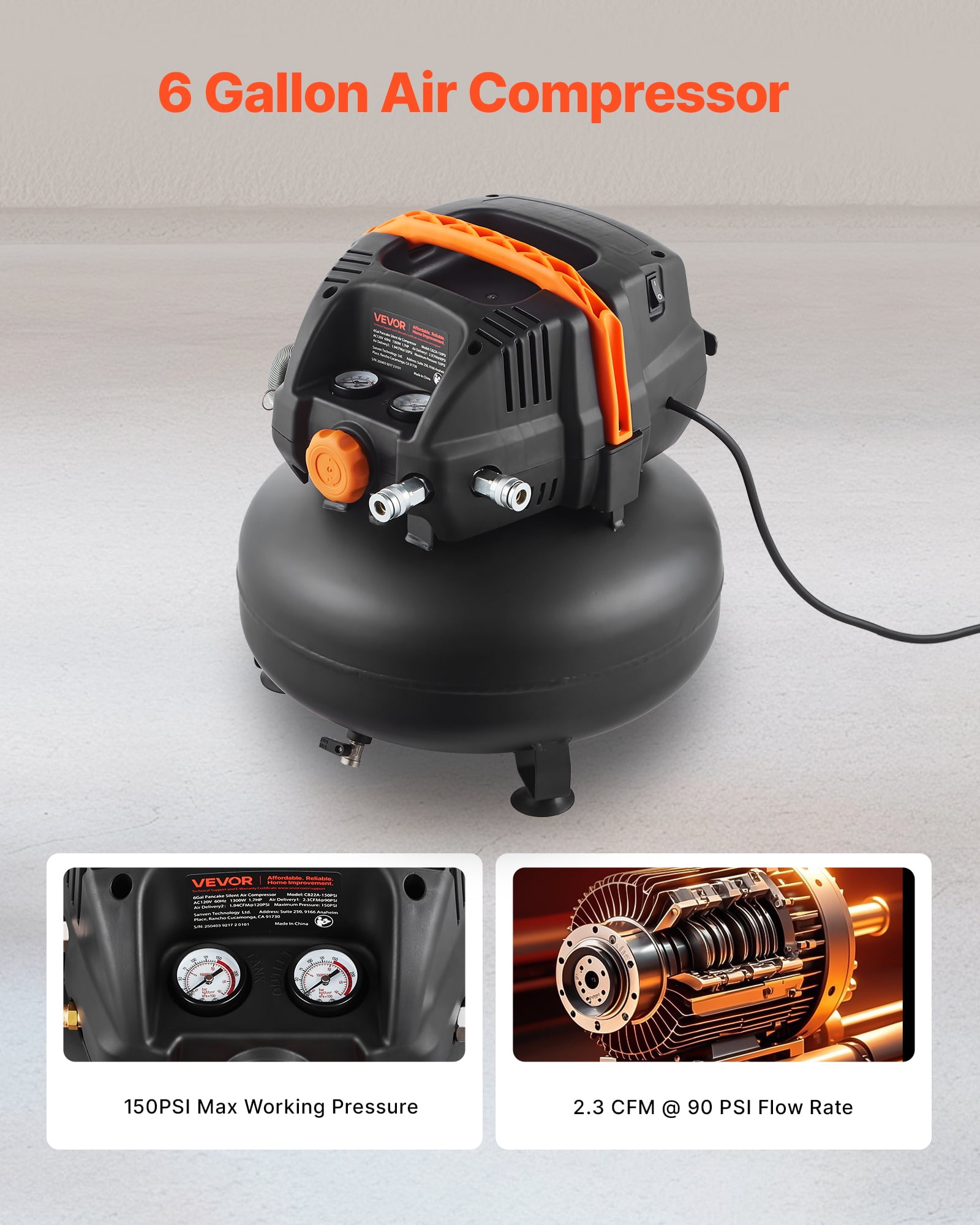 VEVOR 6 Gallon Air Compressor, 1.7HP 2.3CFM @ 90PSI Portable Pancake Air Compressor & 150PSI Max Working Pressure, Oil-Free Compressor Tank for Tire Inflation, Spray Painting, Woodwork Nailing, 120V