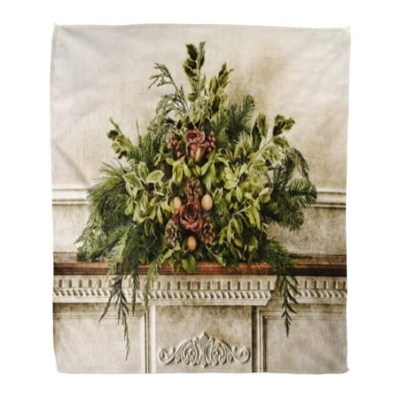 Christmas Light Blanket KDAGR Flannel Throw Blanket Vintage Victorian Christmas Floral Arrangement Roses and Pine Branches Green Foliage on Antique Fireplace Mantel 58x80 Inch Lightweight Cozy Plush Fluffy Warm Fuzzy Soft ()