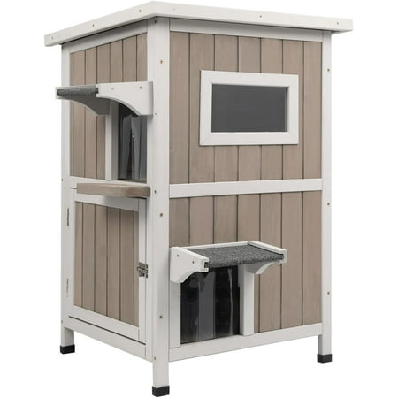 Outdoor Cat House Weatherproof 2-Story Feral Cat Shelter for Outdoor with Asphalt Roof, Viewing Windows, Escape Doors, and PVC Curtains –Fir Wood Cat House for Cats