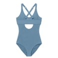 thumbnail image 5 of Likimi Children Girls One Piece Swimsuit With Hollow Out Strips Print Crew Neck Sleeveless Spaghetti Straps Comfortable Casual Swimwear For Swim Beach Navy1 Size 15-16 Years, 5 of 5
