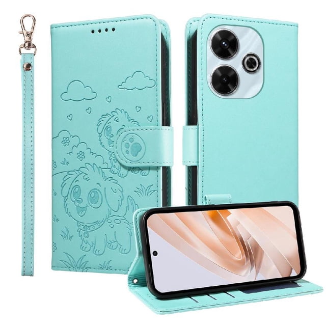 Funda Cartera GANGXUN con Diseño de Perrito en Relieve para Xiaomi Redmi 13 4G , Protección 360° con Ranuras y Correa Desmontable