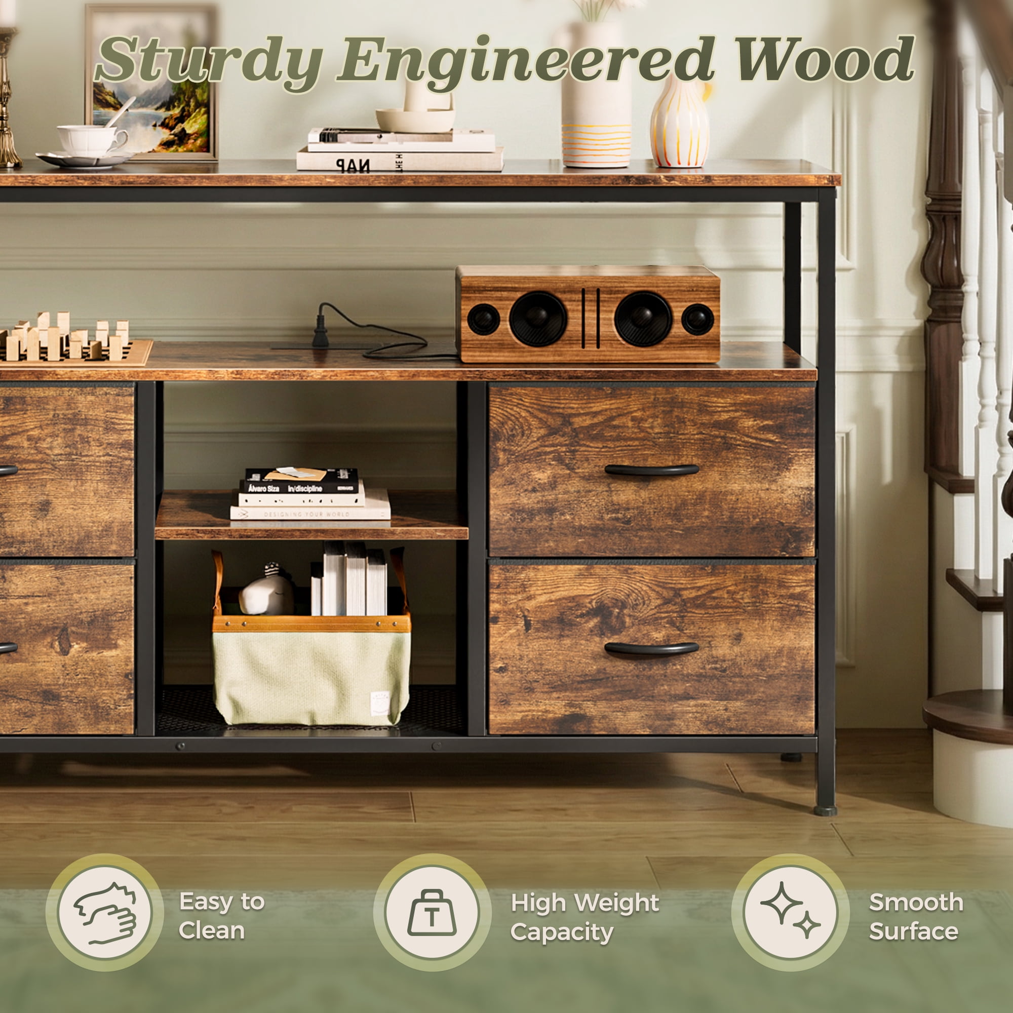 Amadwell TV Stand with Power Outlets & LED Lights, 4 Drawer Dresser Entertainment Center, Media Console with Open Shelf