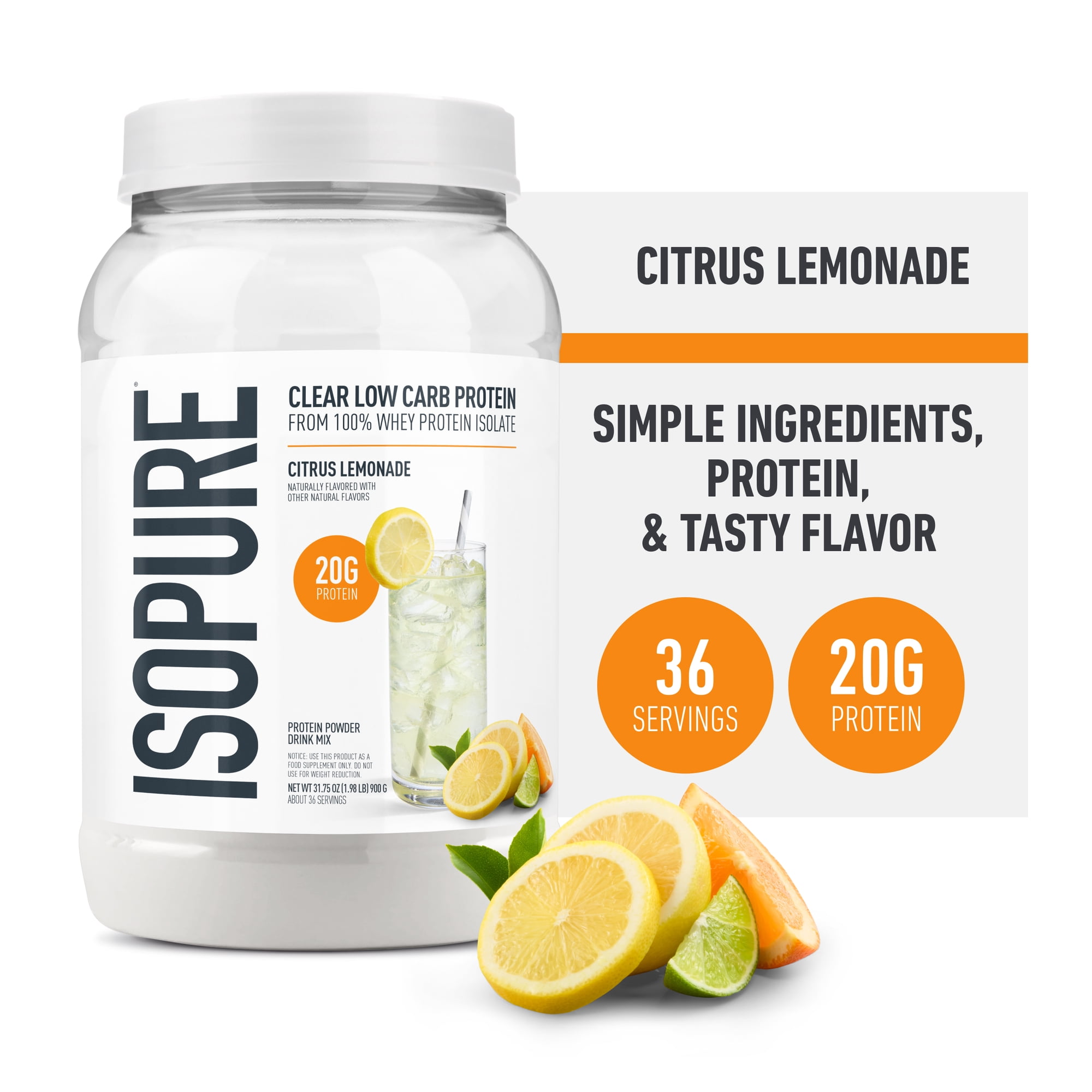 Isopure, Infusions 100% Whey Protein Isolate, 20 g Protein Powder, Citrus Lemonade, 1.98 lb, 36 Servings