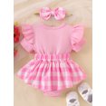 thumbnail image 3 of aturustex Toddler Baby Girls 2Pcs Plaid Rompers Outfits 0 3M 6M 9M 12M 18M Infant Newborn Ruffle Short Sleeve Bodysuits Bear Patch Fake Two-Piece Rompl Daily Summer Clothes for Holiday Party, 3 of 7