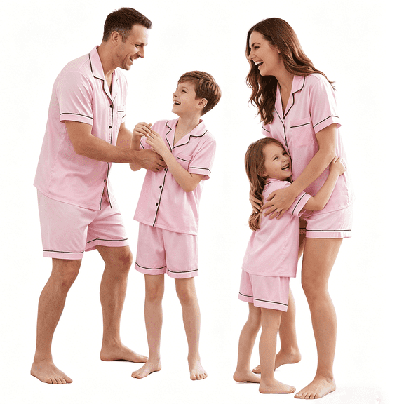 RUINIXCW Summer Family Matching Pajamas Sets Matching Pjs For Couples Silk Stain Family Pajamas for Women Men Button Down Short Sleeve Shirt and Lounge Shorts Sets 2 Pcs Loungewear Sleepwear