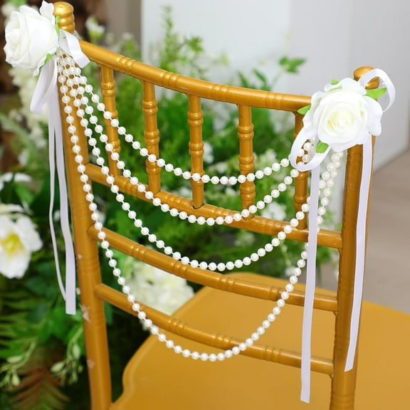 Dalrosia Pearl Wedding Chair Decoration with Artificial Rose Faux Pearl Beaded Garland String Chair Sash Decor for Bridal Shower Wedding Aisle Ceremony Party Banquet