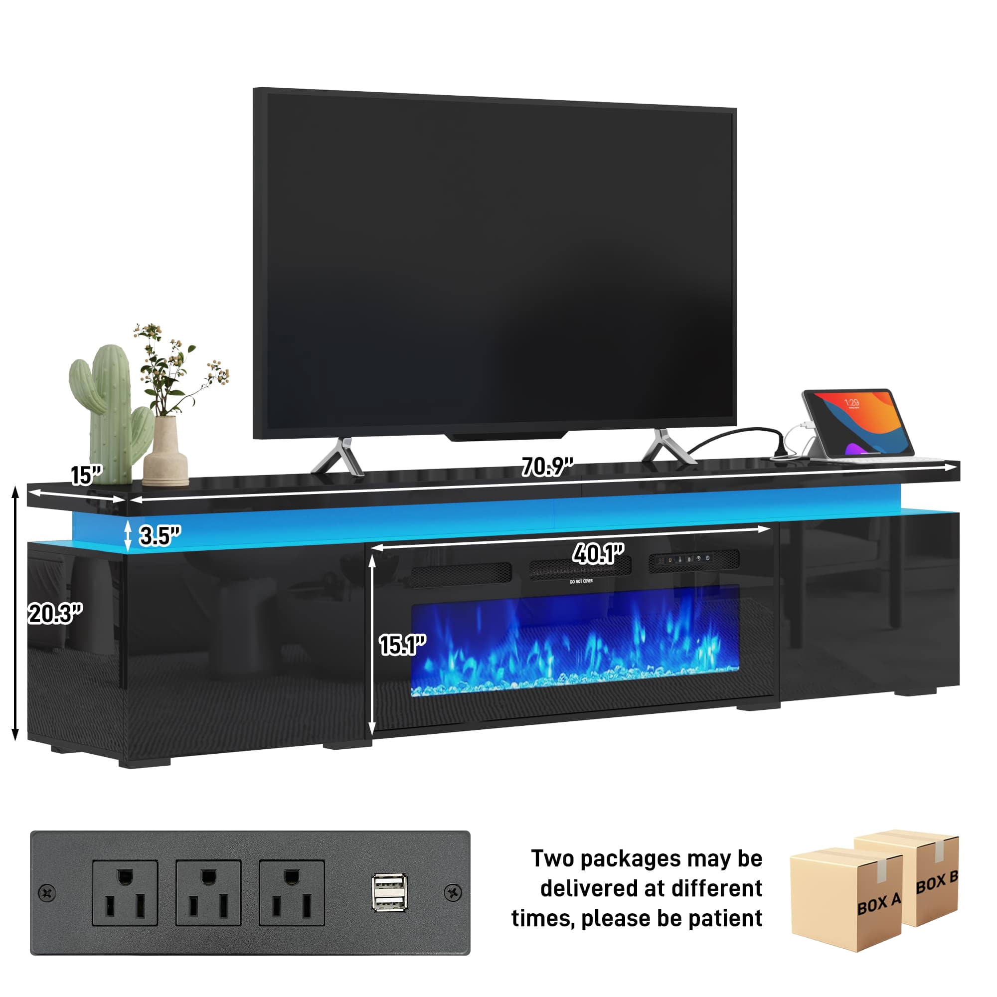Fireplace TV Stand for 75" 80" 85" 90" TVs with LED Light & Outlets, 82.7" Large Entertainment Center Gaming Soundbar Shelf with 40'' Electric Fireplace