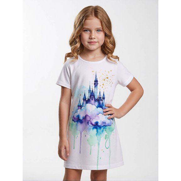Girls Short Sleeve Dress A-Line Pockets Adorable Casual Dress for Young Girls Age 5-13 Daily Wear