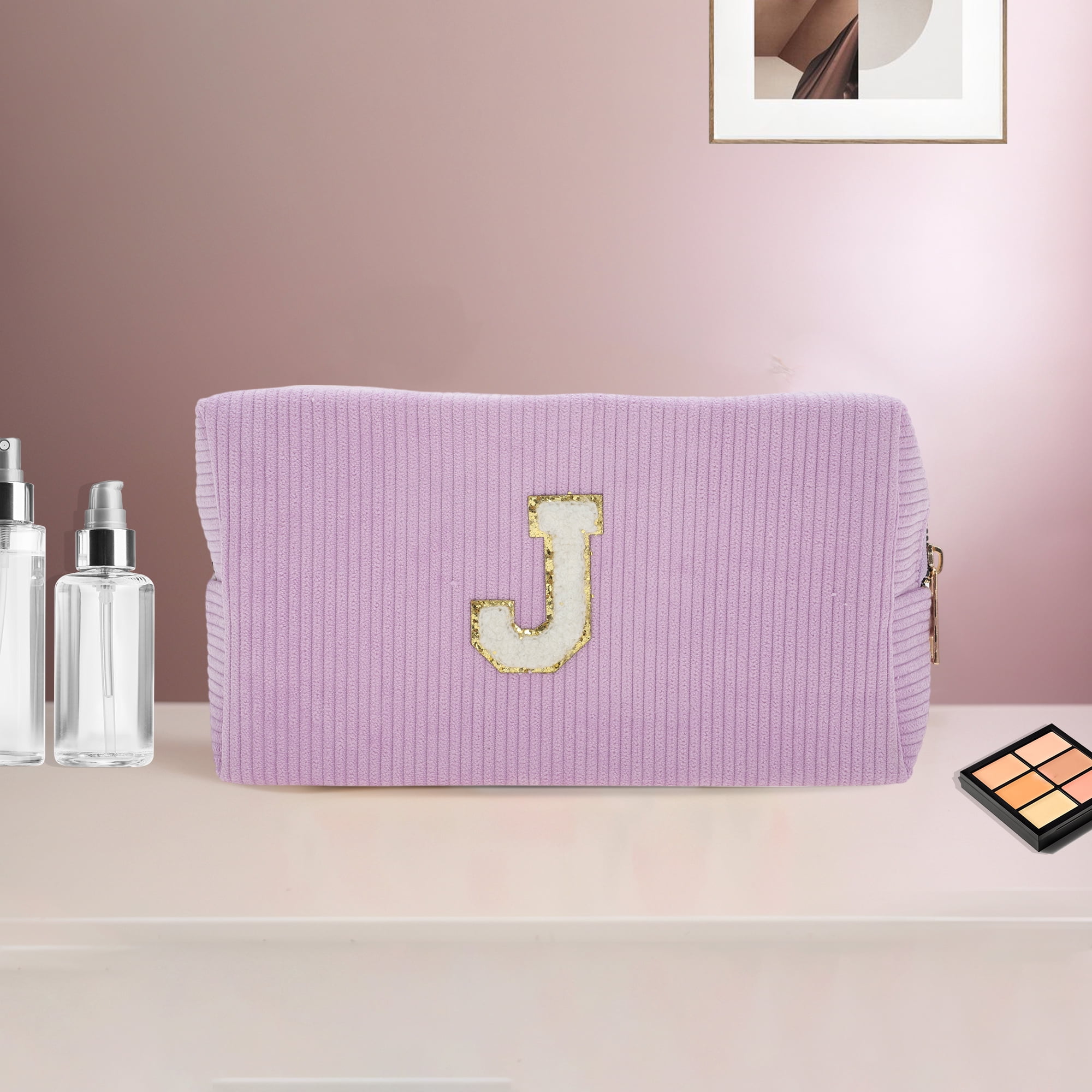 Unique Bargains 1 Pc Corduroy Rectangular Letter Makeup Bag Pink Purple [Letter J]