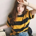 thumbnail image 1 of T-Shirt à Col Rayé Jaune et Noir pour Femmes Manches Mi-Longues Amples Hauts Décontractés, 1 of 6