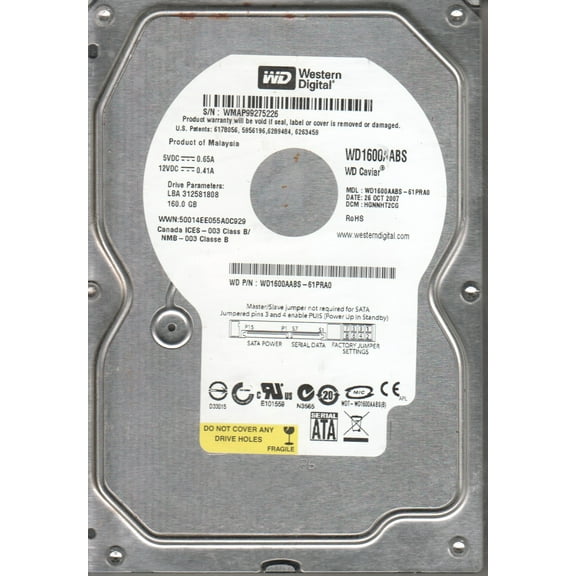 WD1600AABS-61PRA0, DCM HGNNHT2CG, Western Digital 160GB SATA 3.5 Hard Drive