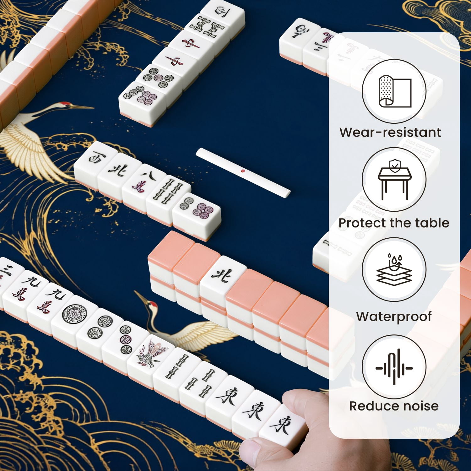 Mahjong Mat 31.5" x 31.5" Golden Waves Birds Deep Blue Non-Slip Noise Reduction Mahjong Tiles Table Cover for Dominoes Poker Card Board and Tile Games