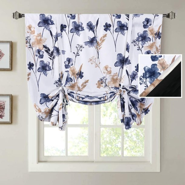 Cortinas 100 % opacas para atar para dormitorio, cortinas con aislamiento térmico, 45 pulgadas de largo, cortinas opacas con bolsillo para barra para ventana pequeña/baño con forro negro, piedra pómez Cattleya en azul marino/taupe42 pulgadas de ancho x 63 pulgadas de largo