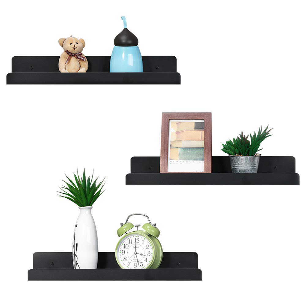 Wallmounted Floating Shelves for Picture Ledges, Metal, Set of 3 Black