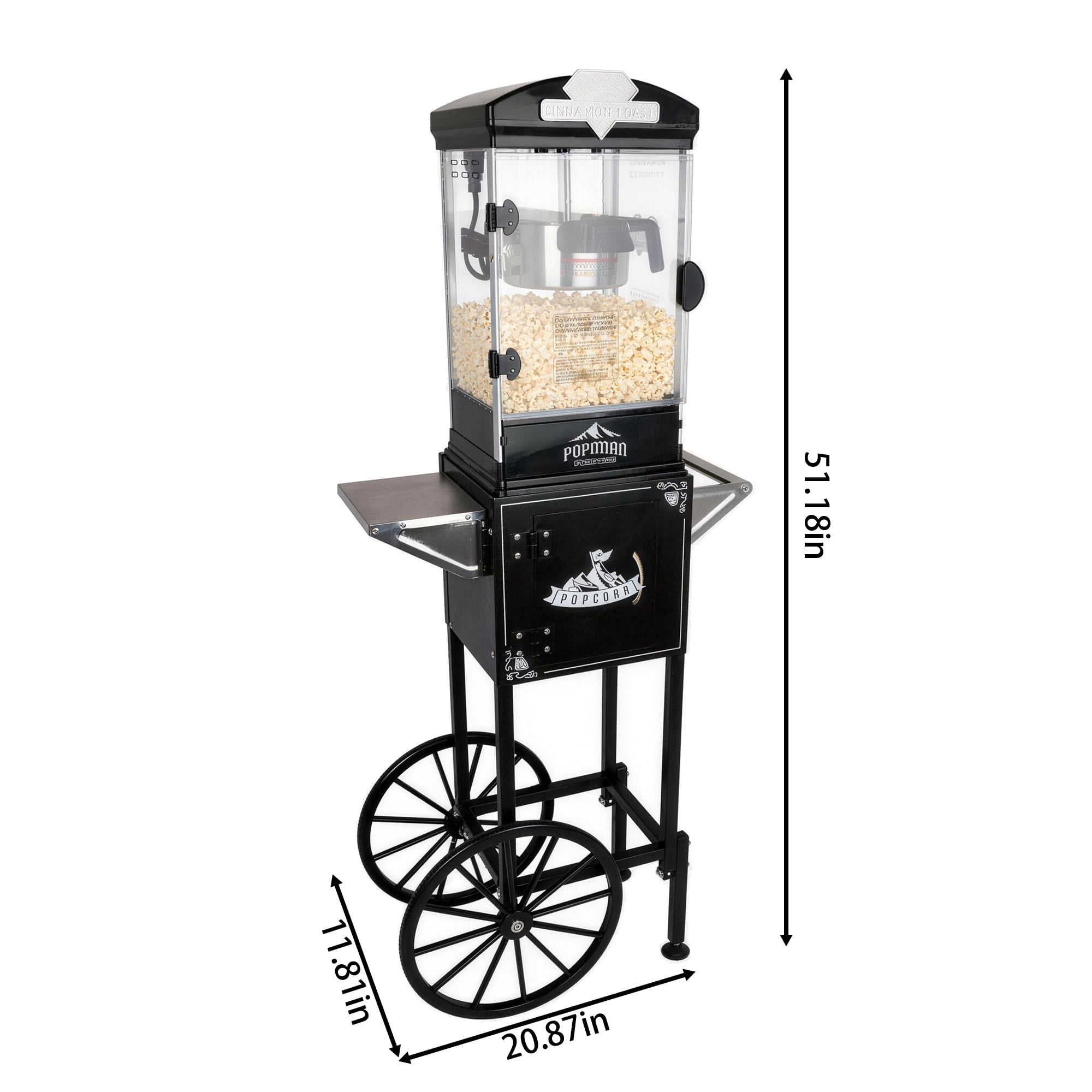 Leumius 10 Oz Popcorn Machine with Cart and Wheels Popcorn Maker Measuring 3 plastic Spoon for Parties, Events, and Home Theater Black