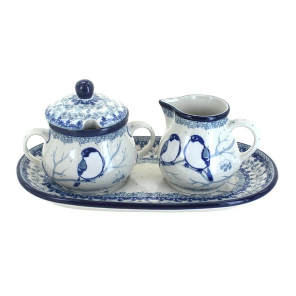 Blue Rose Polish Pottery 422 Ceramika Artystyczna Small Cream & Sugar with Tray