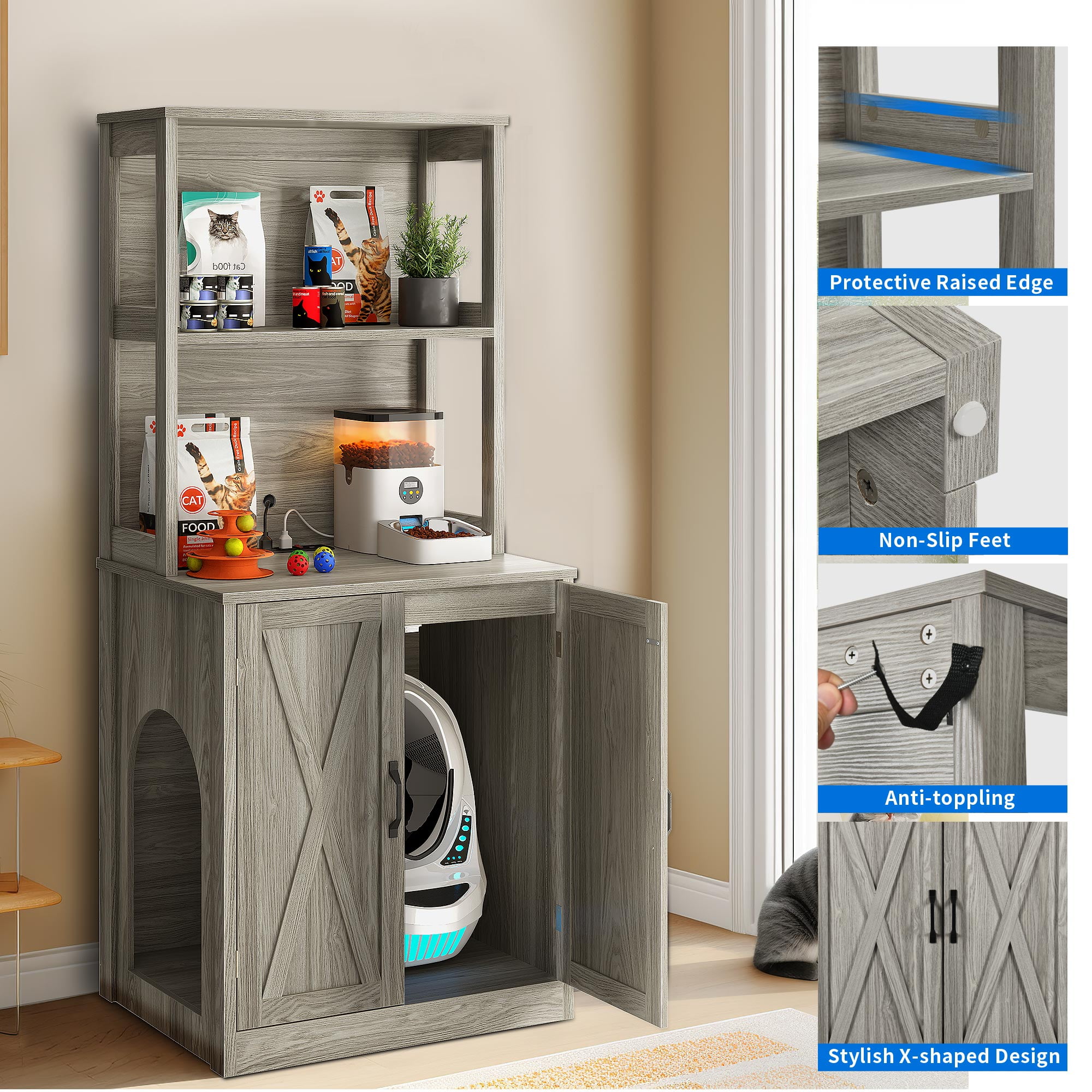 Dextrus Large Hidden Litter Box Enclosure with Shelves and Doors, Wooden Furniture, Grey