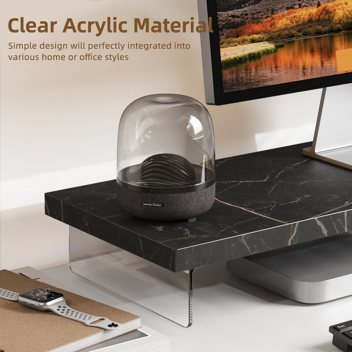 Dual Monitor Stand Riser, 40 Inch Large Computer Monitor Shelf with Storage for Office Desk, Wood Acrylic Desktop Organizer for Laptop TV Printer
