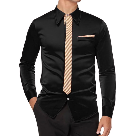 Mens Dress Shirt Solid with Tie Long Sleeve Slim Fit Formal Stand Collar Shirt for Work Black L