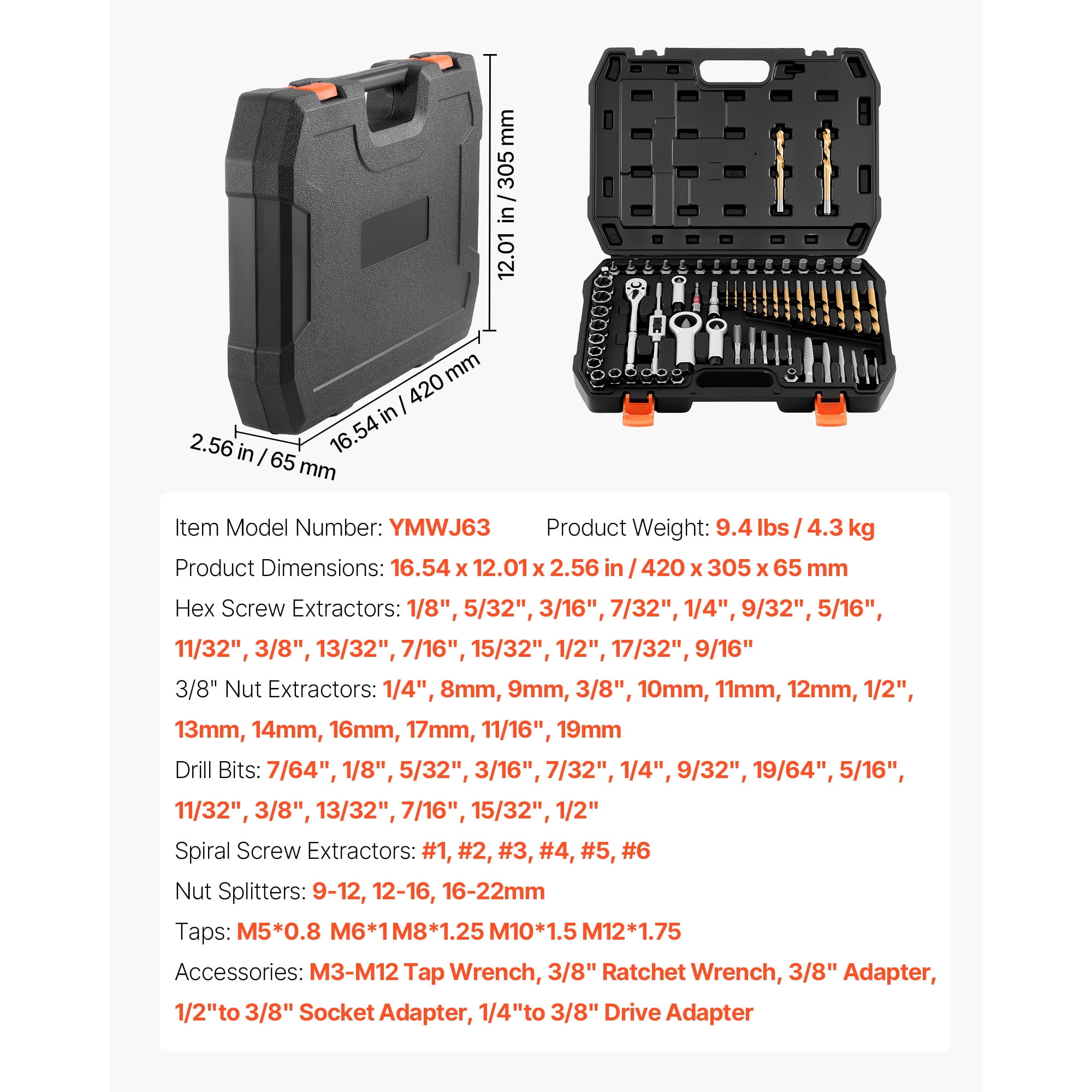 KFFKFF 63-Piece Screw Extractor Set with Nut and Bolt Extractors, Splitters, Taps, Drill Bits, Wrenches,Adapters, and Durable Storage Case, Designed for Removing Damaged,Rounded,or Stripped Fasteners