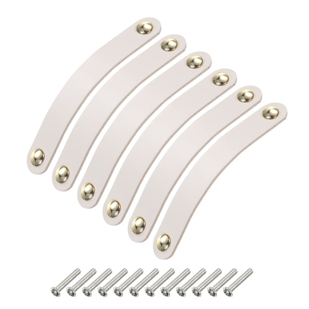 6 Paquetes de tiradores de cajón de cuero con tornillos, crema/dorado (espaciado de agujeros: 128 mm)