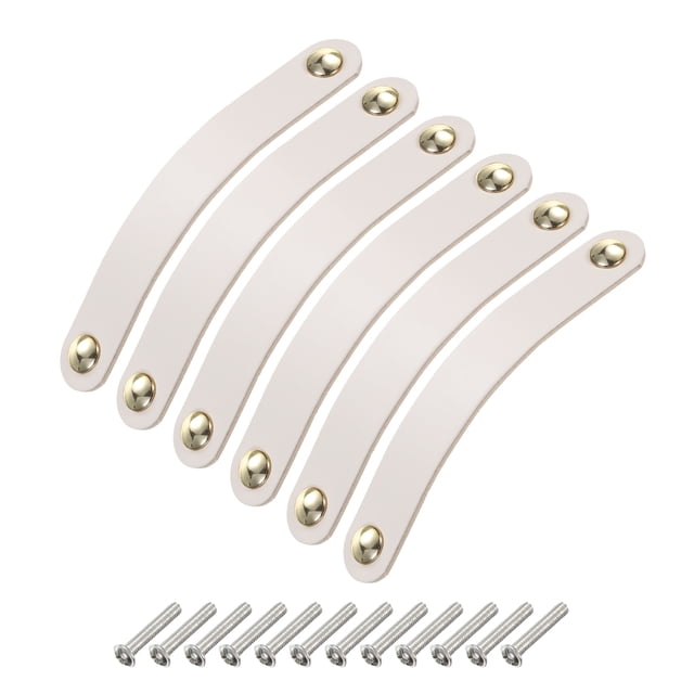 6 Paquetes de tiradores de cajón de cuero con tornillos, crema/dorado (espaciado de agujeros: 128 mm)