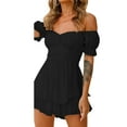 thumbnail image 3 of Jxzom Womens Lantern Ruffle Romper Off Shoulder Puff Short Sleeve Flowy Lyaner Romper Dress Smocked Short Jumpsuit Playsuits, 3 of 7
