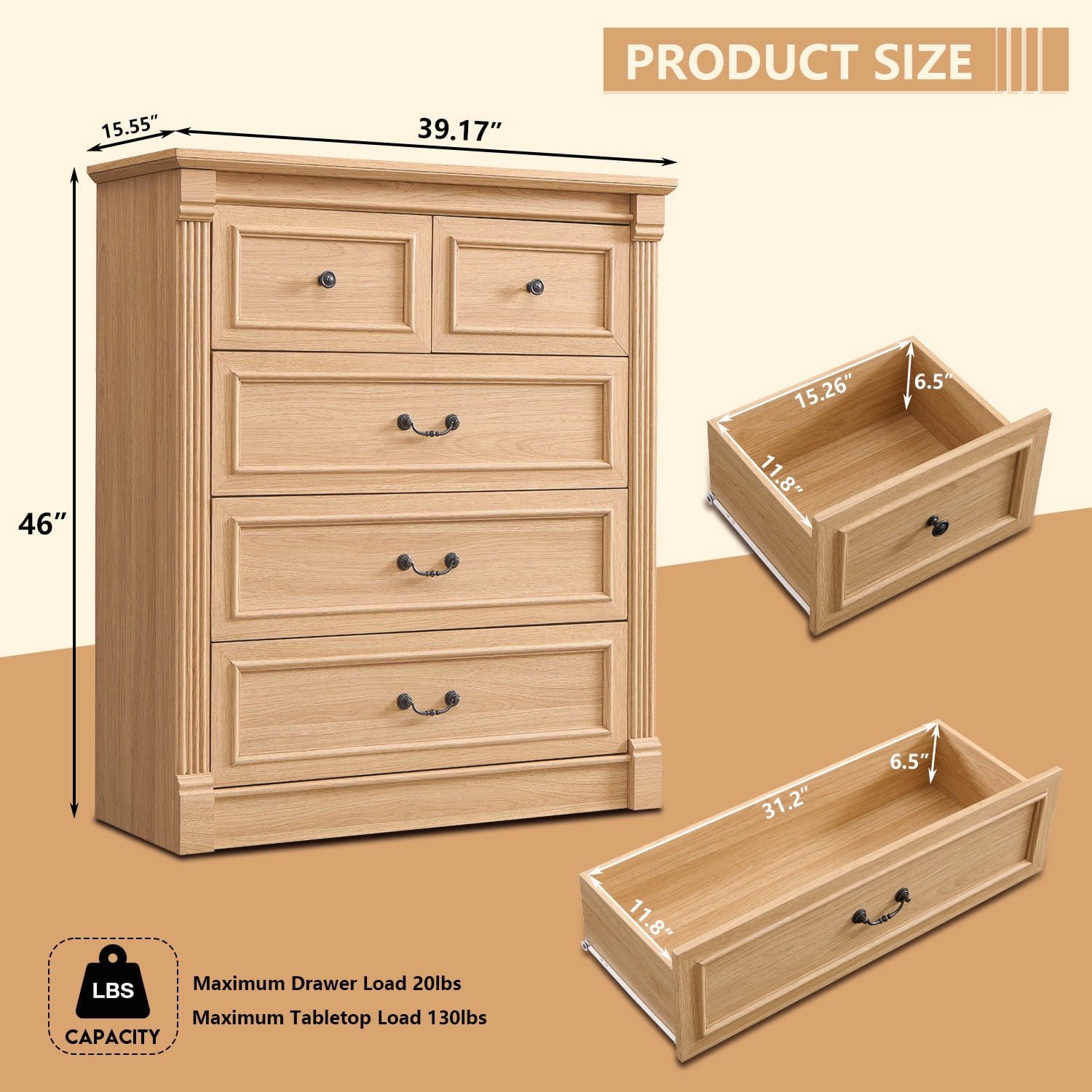 AsterOutdoor Farmhouse 5 Drawers Dresser, Tall Chests of Drawers w/Roman Column, Large Storage Dressers Organizer for Bedroom, Hallway, Living Room