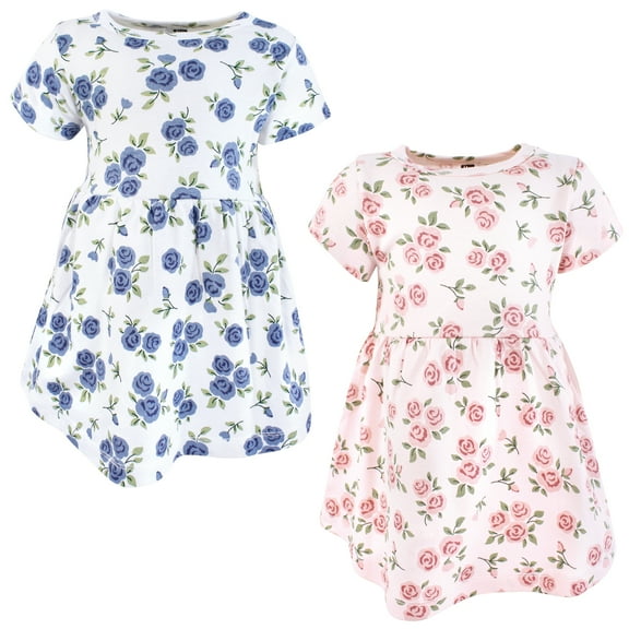 Hudson Baby Girls Cotton Dresses, Pink And Blue Roses, 0-3 Months