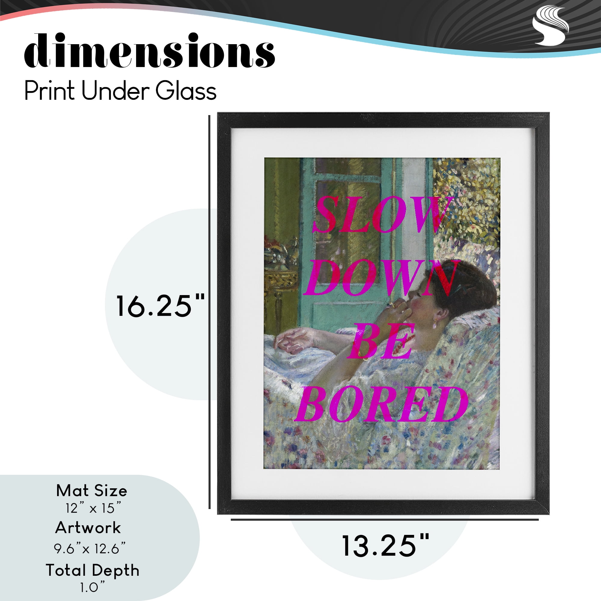 Slow Down Be Bored Classic Black Framed Print Under Glass, design by Lil' Rue