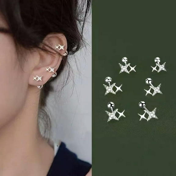 HOOUN Women Silver CZ Star Ear Stud Screw Back Earrings Surgical Steel Trendy Jewelry