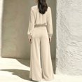 thumbnail image 4 of Szluipve 2 Piece Sets for Women Velvet 2 Piece Matching Outfit High Neck Pleated Long Sleeve Blouse Top & High Waist Wide Leg Palazzo Pants Elegant Party Set with Pockets Beige L, 4 of 9
