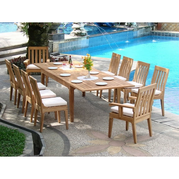 Teak Dining Set:10 Seater 11 Pc 122" Double Extension Caranasas Rectangle Table, 8 Armless and 2 Arm Caranasas Chairs Outdoor Patio Grade-A Teak Wood WholesaleTeak #WMDSCR2