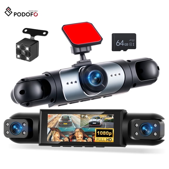 Podofo 3.16'' 4-Channel Dash Cam with 1080P Front Camera 480*3 Left Right and Rear View Cameras, Night Vision, Loop Recording, Motion Detection & Parking Assistance