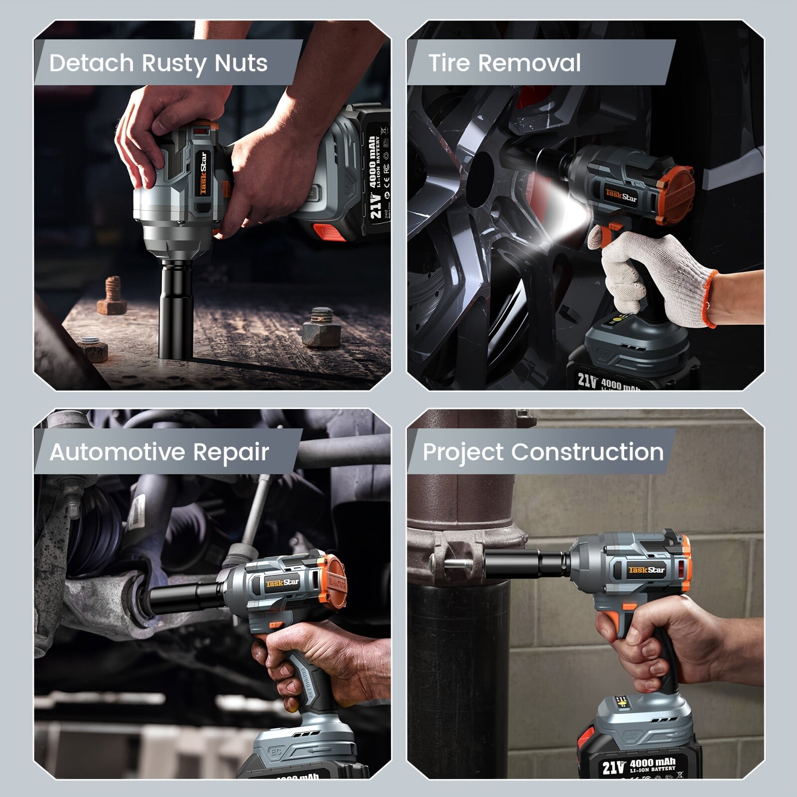 TaskStar 450nm Electric 1/2" Cordless Impact  Wrench Brushless 2800RPM 4000mah