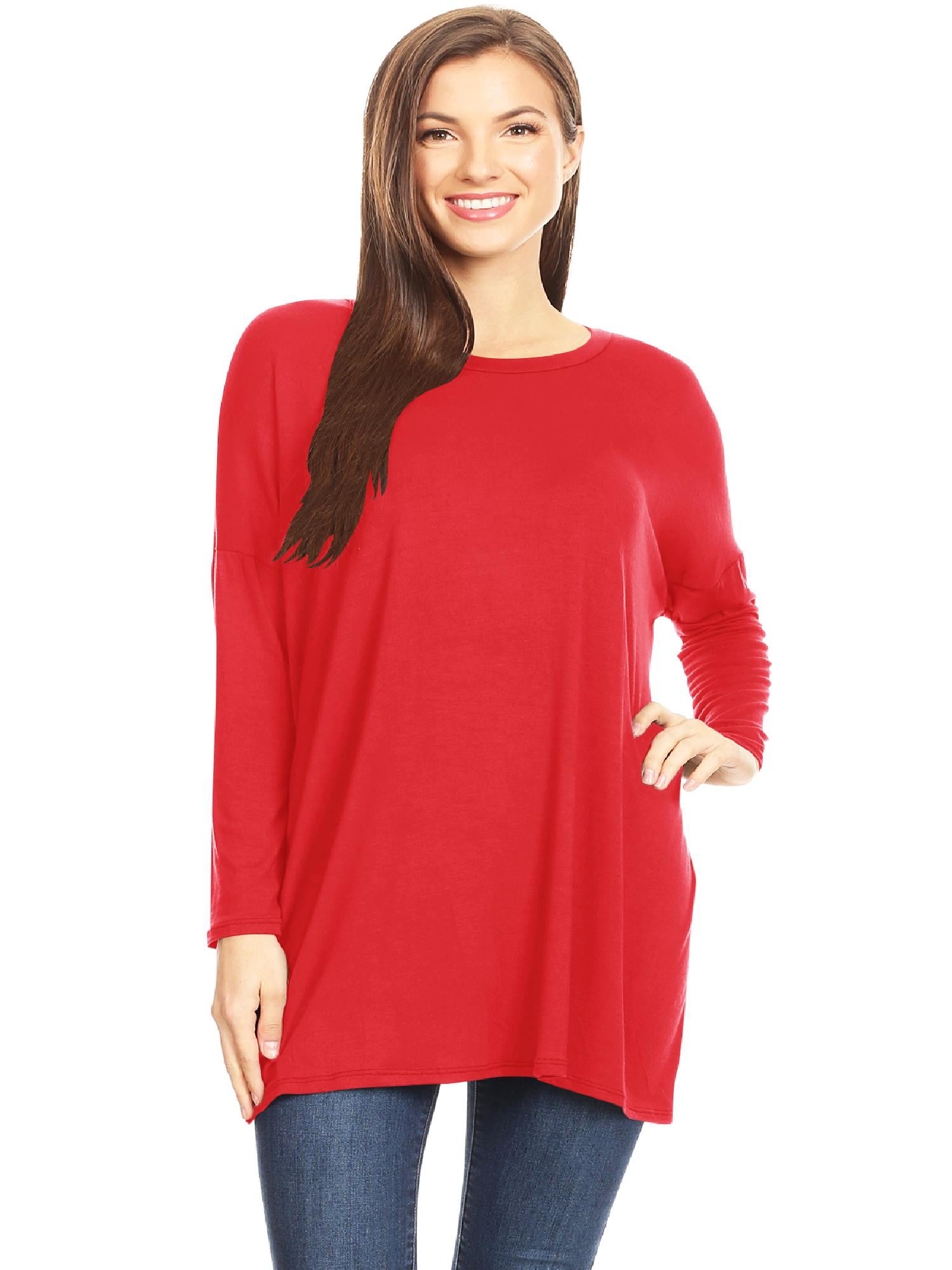 Women's Solid Casual Basic Dolman Long Sleeve Relaxed Fit Tunic Top Tee ...