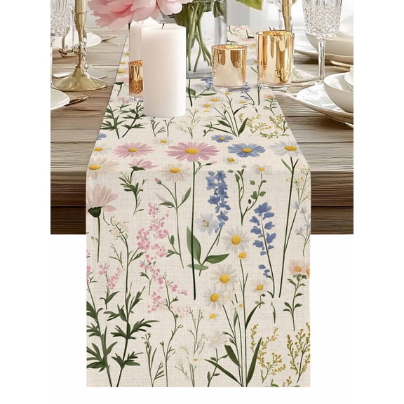 Retro Garden Spring Flowers Table Runner-36 Inch Long Blue Pink Floral on Linen Table Runners Linen Burlap Tablerunner for Kitchen Dining Room Holiday Party