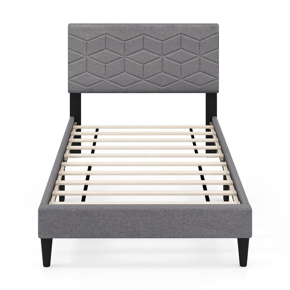 Barara King Twin Size Bedroom Bed Frame with Linen Fabric Upholstered Headboard, Bed Platform Frame for Apartment, Bedroom, Gray