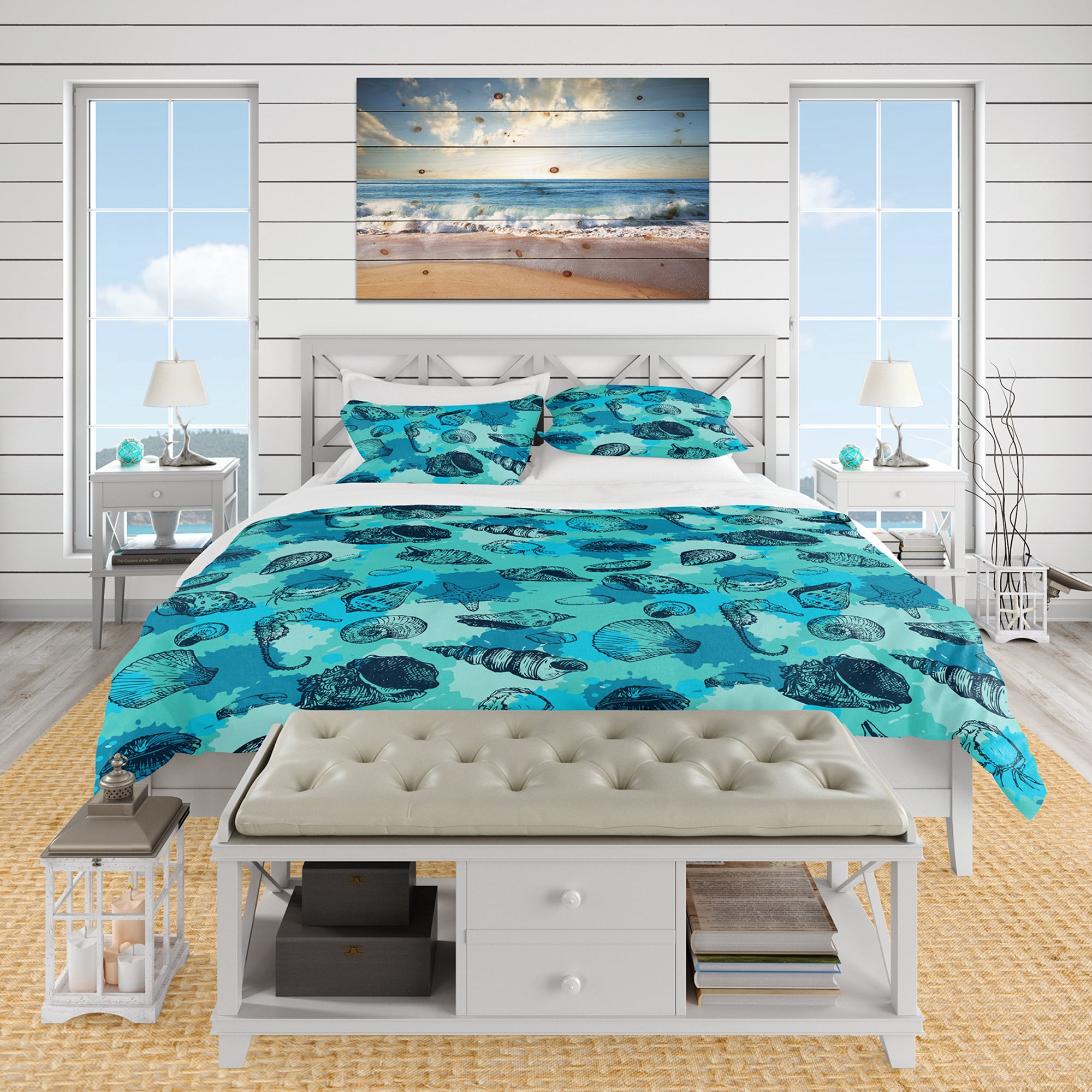 Designart 'Pattern with Line Drawing Shells' Nautical & Coastal Duvet Cover Set