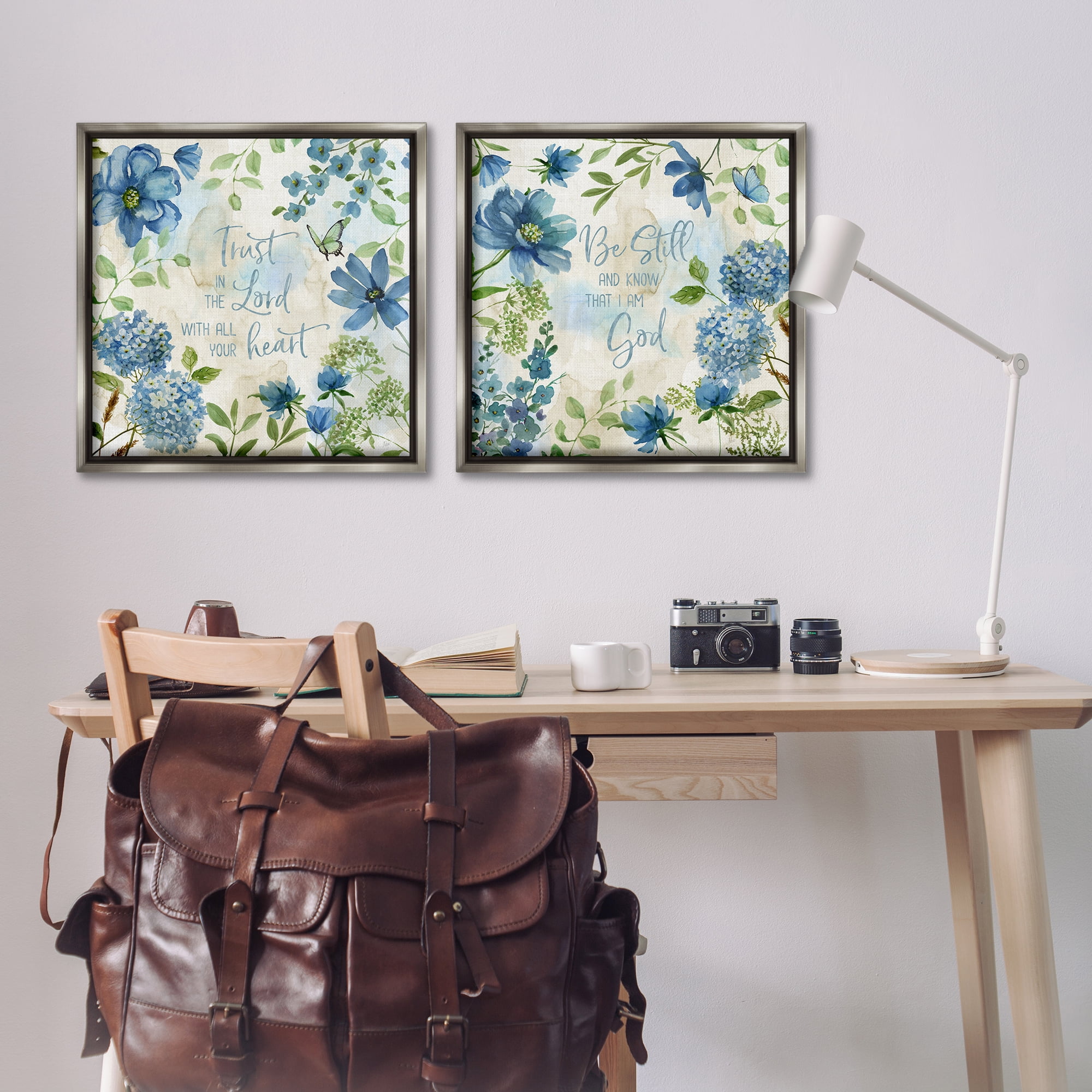 Stupell Industries Trust Be Still Blue Hydrangea Religious & Spiritual Painting Gray Floater Framed Canvas Art Print Wall Art, 25 x 25, Set of 2