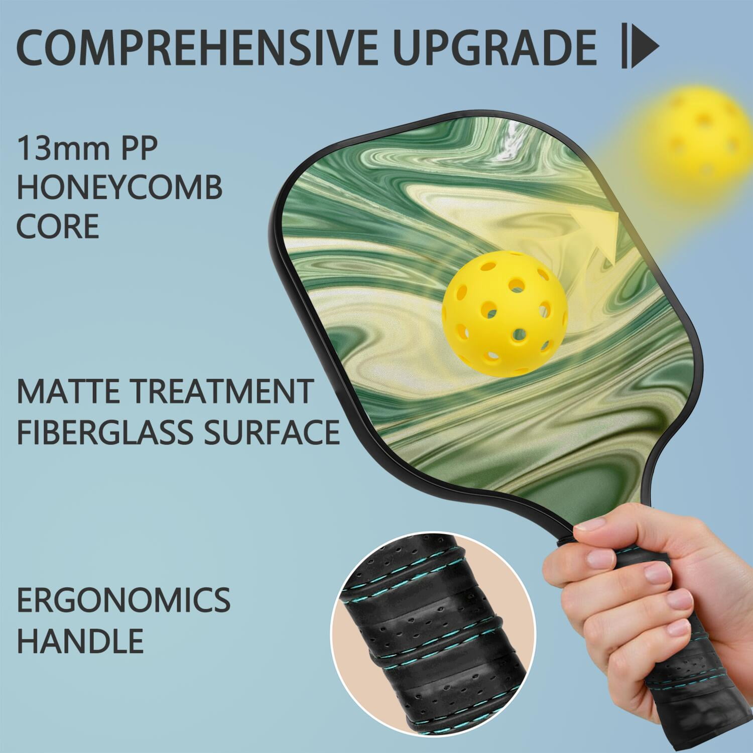 Pickleball Paddles Set Of 1, Fiberglass Surface, Liquid & Marble Print, 1 Paddles, 2 Balls & Bag