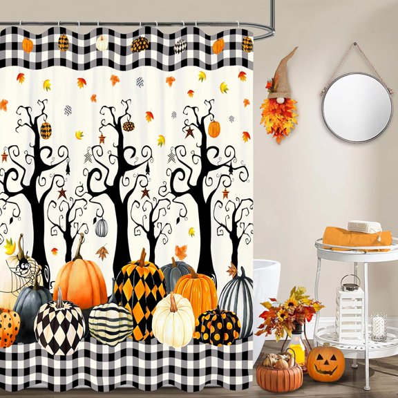 Halloween Shower Curtain Set Pumpkin Tree Leaves Plaid Shower Curtains Waterproof Fabric Bath Curtains with Hooks for Fall Halloween Bathroom Decor 72"W x 84"L (Pack of 1)