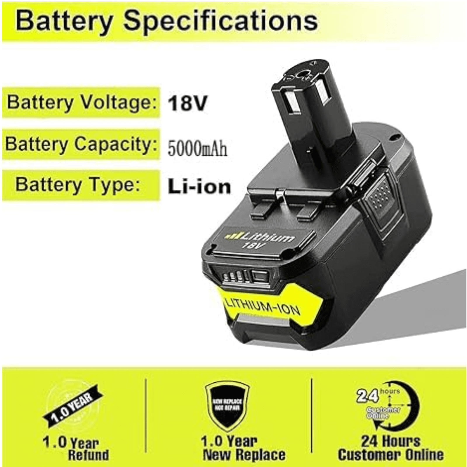 2Packs 18V 5.0Ah Replacement Ryobi P108 Battery and P117B Dual Chemistry Charger for Lithium Ion ONE+ Plus P122 ABP1801 BCP1817/2SM BPP-1813 BPP-1815
