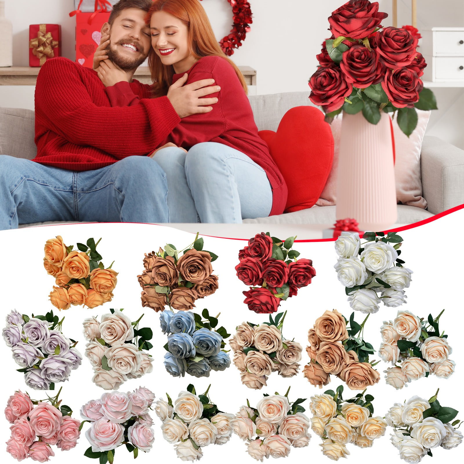FXMLRLK Artificial Roses Flowers, 9 Heads Realistic Long Stem Fake Roses Faux Silk Flowers for DIY Bouquets Wedding Centerpieces Arrangements Home Party Decor, 1-White