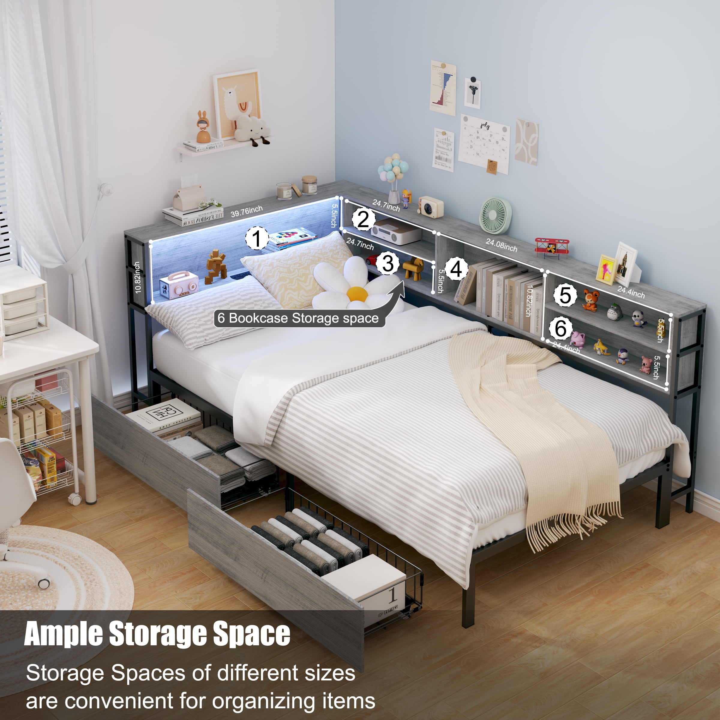Yoneston Twin Corner Bed with Bookcase Headboard & Charging Station, Platform Bed Frame with LED Lights & 2 Storage Drawers for Bedroom Living Room, Gray