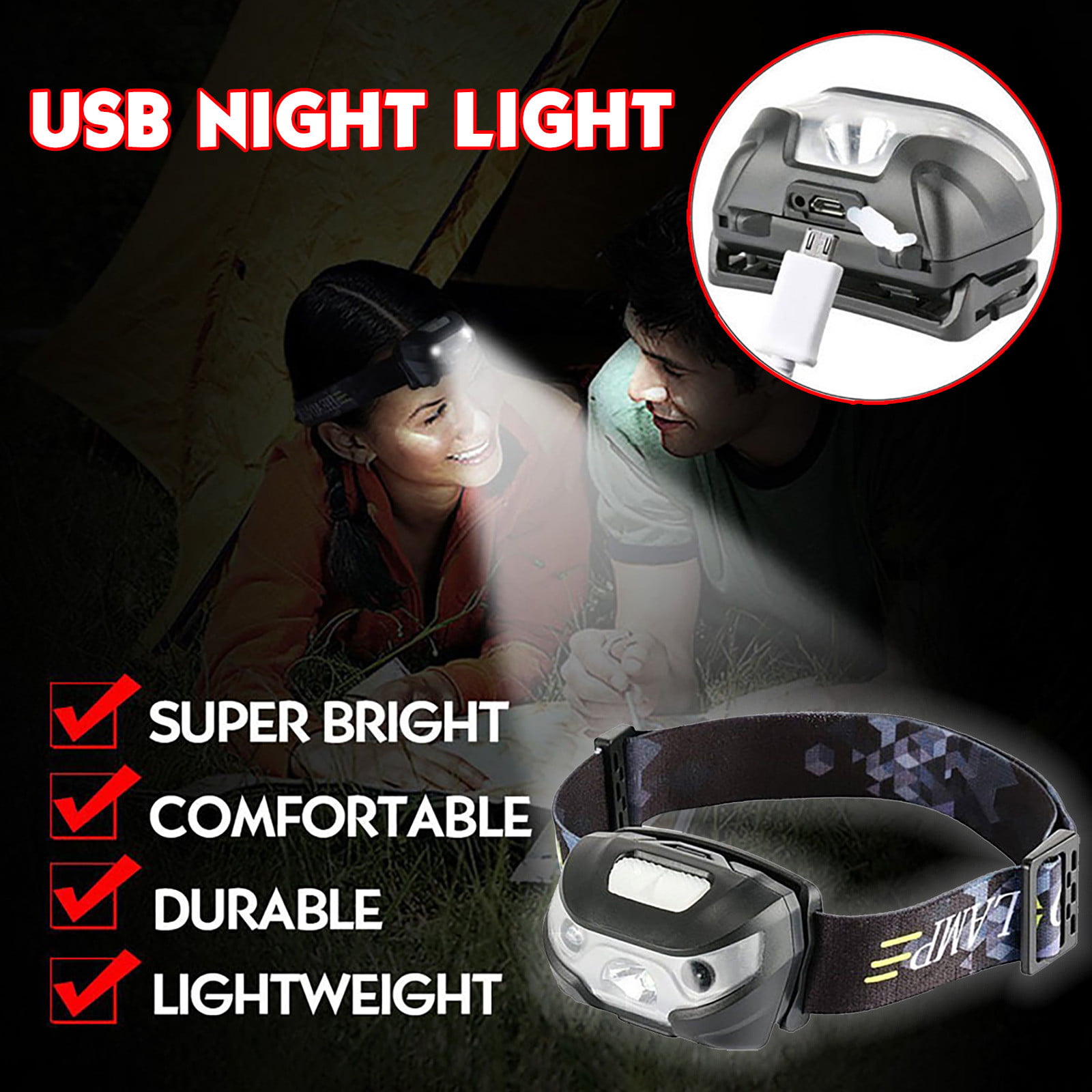 Super Bright Waterproof Headlight Head Torch LED USB Rechargeable Headlamp Fish' 