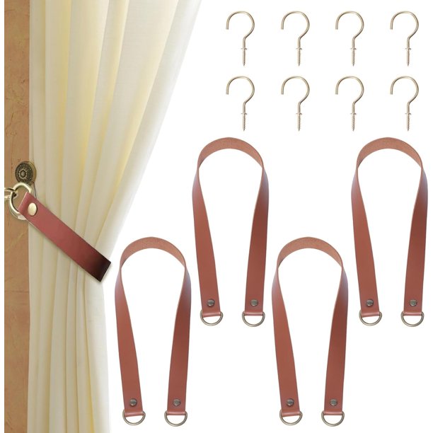 4 piezas de correas de cuero de PU para cortinas, hebillas de cuero para cortinas, alzapaños de cuero para cortinas de ventana con 4 piezas de gancho de aleación para el hogar, la oficina, el
