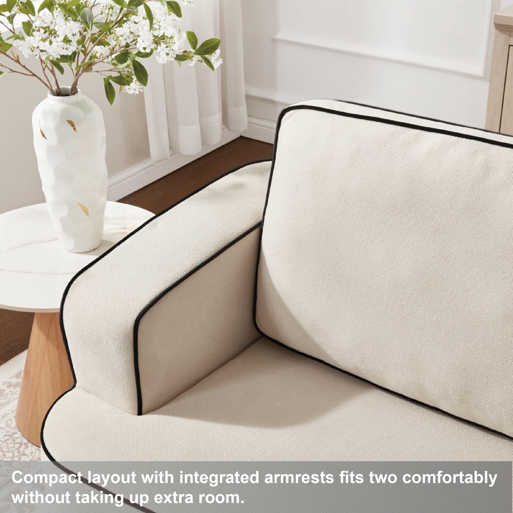 Loveseat Sofa with Integrated Armrest and Double Seat Layout, Space Saving Small Couch for Apartment and Bedroom, No-Tool Assembly, Alabaster
